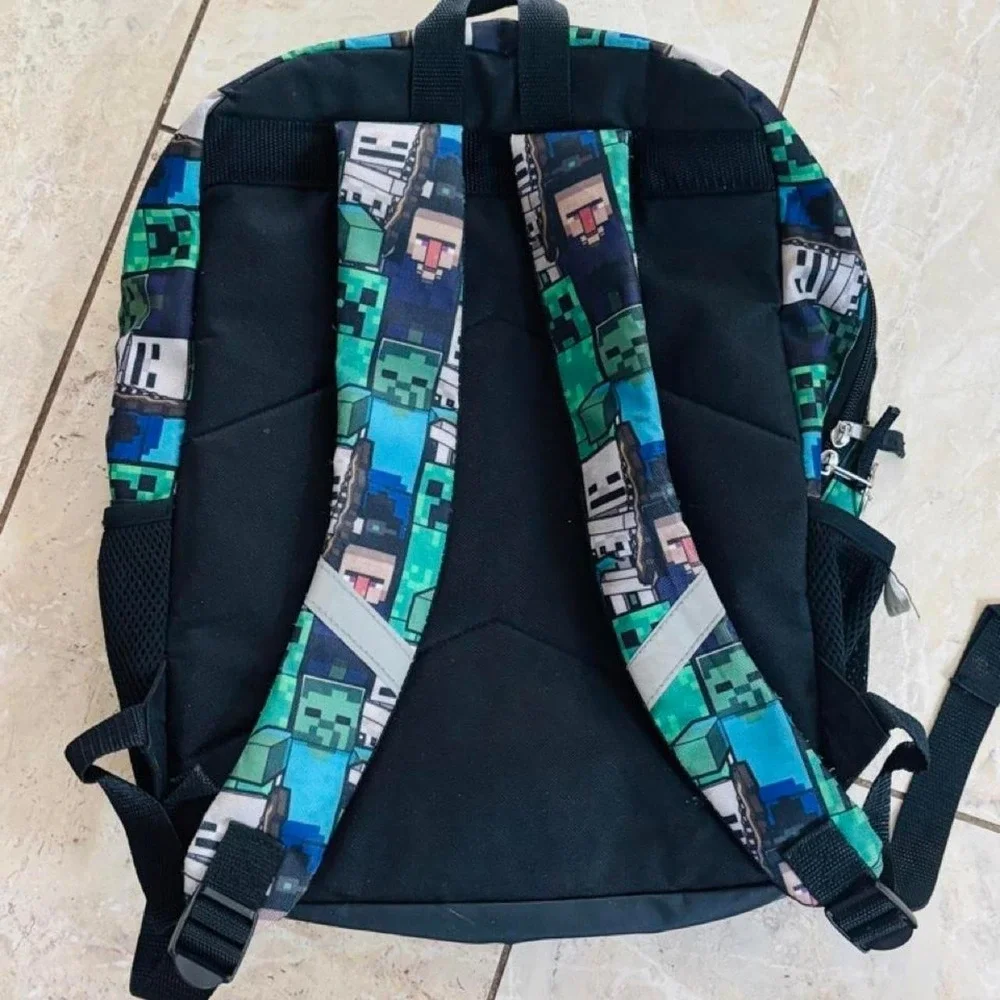Minecraft Creeper Backpack Green Pixelated Face Gaming School Bag Mesh Pockets